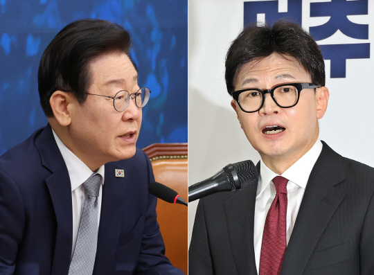 30일 국회 본청에서 더불어민주당 최고위원회의를 주재하는 이재명(왼쪽) 당대표, 국민의힘 대표 취임 100일 기자회견을 진행 중인 한동훈(오른쪽) 당대표.<연합뉴스 사진 갈무리>